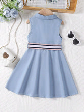 Girls' Simple Embroidery Elegant Collar Denim Blue Dress With Contrast Color Belt